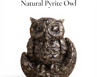 Natuurlijk pyriet-orgoniet-uilbeeldje, handgemaakte hars rijkdom en succes kristaldecor, feng shui vastu-uilbeeld voor thuiskantoor, bescherming.