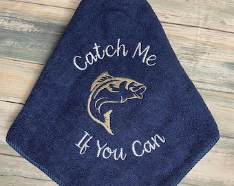 Personalized Embroidered Fishing Towel: "Catch Me If You Can" Bass Design