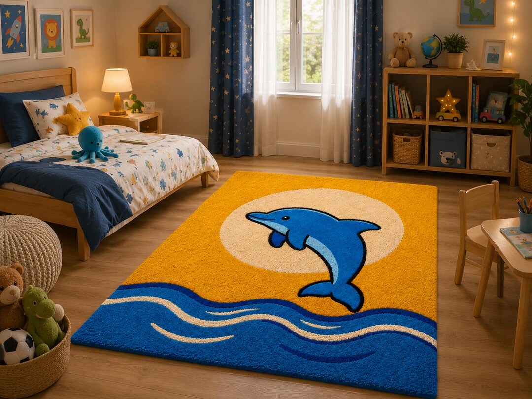 Dolphin Ocean Wave Tufted Rug – Cartoon Marine Nursery Carpet - Etsy