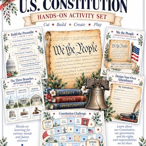 May include: A U.S. Constitution hands-on activity set featuring educational worksheets, a board game, a replica Liberty Bell, and books labeled Liberty, Justice, and Opportunity. The design includes patriotic floral accents and text about American history.