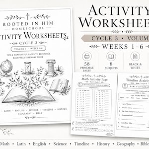 May include: A set of Rooted in Him Homeschool Activity Worksheets for Cycle 3, Volume 1, Weeks 1-6. The black and white pages feature illustrations of a globe, hourglass, pillar, and open book, with math and timeline activity page examples.