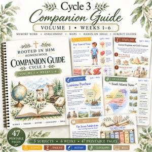 Op de afbeelding: Een spiraalgebonden Rooted in Him Homeschool Companion Guide Cycle 3 Volume 1 Weeks 1-6 met 47 printbare pagina's. De omslag toont een open boek, wereldbol, zandloper en zuilen. Bevat educatieve bijlagen voor wetenschap, geschiedenis en aardrijkskunde.