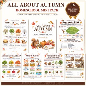 May include: A 16-page printable homeschool mini pack titled All About Autumn, featuring educational worksheets on science, reading, math, writing, and coloring. The pages include illustrations of squirrels, pumpkins, leaves, and oak trees with text.