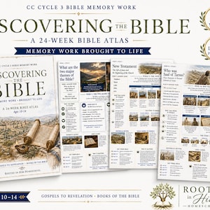 Op de afbeelding: Een 24-weekse bijbelatlas getiteld Discovering the Bible voor 10-14 jarigen, met een boekomslag met een illustratie van een oude stad en een boekrol, naast twee informatiepagina's over geheugenwerk, historische context en bijbelthema's.