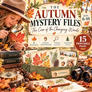 Peut inclure: The Autumn Mystery Files: The Case of the Changing Woods est un ensemble d'activités imprimables de 15 pages comprenant des énigmes, des enquêtes scientifiques et des indices sur la nature, avec des cartes illustrées de feuilles et d'écureuils.