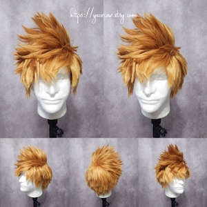 May include: A golden-yellow, spiky wig displayed on a white mannequin head. The wig has a layered, textured style with a voluminous top and shorter sides. The image shows multiple views of the wig, including front, side, and back perspectives. The text "https:// yozoraw.etsy.com" is visible.