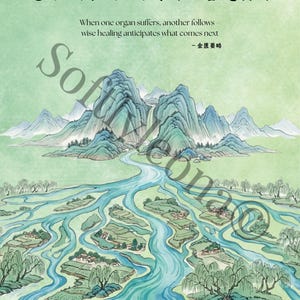 Puede incluir: Pintura a la acuarela de un paisaje con montañas, ríos y campos. La imagen incluye caracteres chinos y el texto en inglés: "When one organ suffers, another follows - wise healing anticipates what comes next."