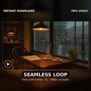 Puede incluir: Un archivo de video digital MP4 titulado Rainy Cafe Corner que presenta un bucle continuo de un interior de cafetería con una mesa de madera, una taza de café, un pastel y un periódico. La escena muestra una calle lluviosa por la ventana.