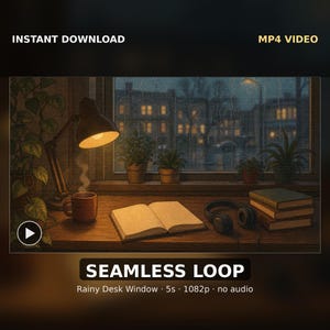 May include: An MP4 video file featuring a seamless loop of a rainy desk window scene. The animation displays a desk with an open book, a steaming mug, a desk lamp, headphones, and a stack of books, with potted plants and a rainy city view.
