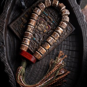 Rugged Natural Raw Deer Antler Mala Bracelet, Tibetan Style Single Loop with Tassel