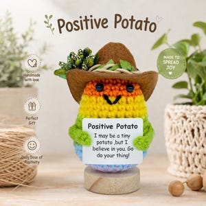 May include: A handmade, crocheted Positive Potato figurine. The potato is in rainbow colors, wearing a brown hat with green accents, and holding a sign that reads "Positive Potato". The text "Handmade with love" and "Perfect Gift" are also visible.