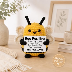 Bee Positive Plushie | Crochet Bee Amigurumi | Funny Motivational Gift | Handmade Cute Office Desk Companion