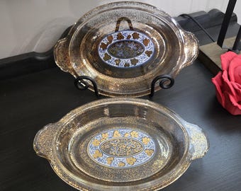 Vintage MCM Georges Briard Signed Gold, Blue and White Oval Baking Dishes- set of 2