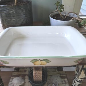 May include: White rectangular baking dish with a light green trim and a lemon and leaf design. The dish is empty and sits on a rustic wooden table. Decorative plants are in the background.