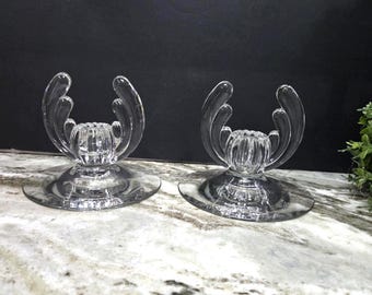 Vintage Heisey Crystolite Candlestick Holders Pair, Art Deco Flared Ribbon Candle Holders