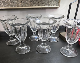 Vintage Clear Footed Sundae Glasses, Tulip Shaped Scalloped Rim Ice Cream Bowls, Soda Fountain Style 6"- set of 6