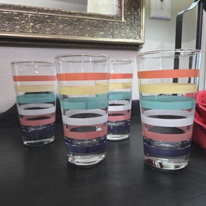Vintage Libbey Mambo Striped Juice Glasses - Set of 4 Colorful Multi-Color Ring Tumblers - Retro 70s Small 8oz Drinking Glasses