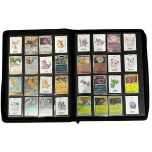 May include: A black binder filled with various Pok&eacute;mon trading cards. The cards are in individual clear sleeves and feature colorful illustrations of different Pok&eacute;mon characters. The binder is open, displaying multiple rows of cards.