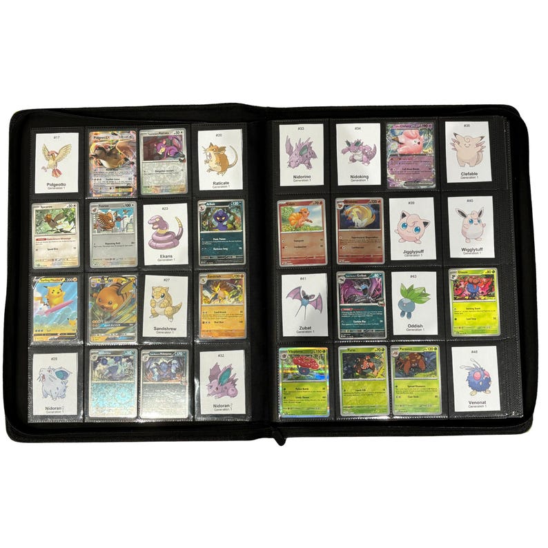 May include: A black binder filled with various Pok&eacute;mon trading cards. The cards are in individual clear sleeves and feature colorful illustrations of different Pok&eacute;mon characters. The binder is open, displaying multiple rows of cards.