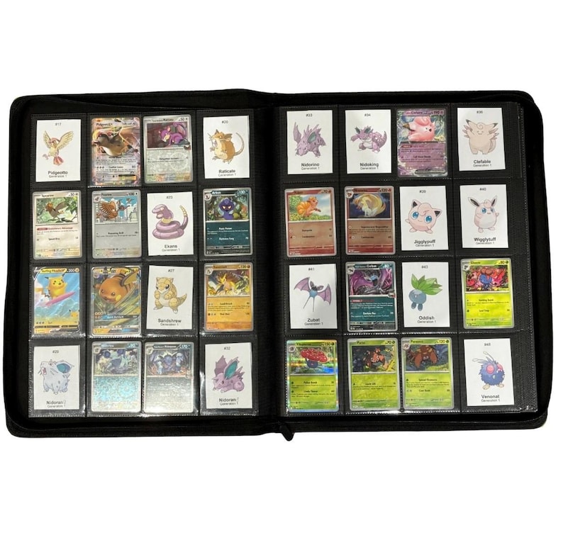 May include: A black binder filled with various Pok&eacute;mon trading cards. The cards are in protective sleeves and organized in rows. The cards feature colorful illustrations of different Pok&eacute;mon characters. The binder is open, displaying multiple pages of cards.