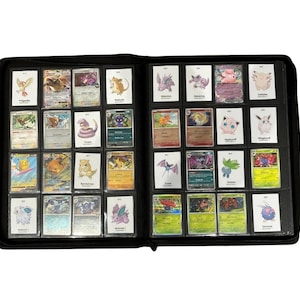 May include: A black binder filled with various Pok&eacute;mon trading cards. The cards are in protective sleeves and arranged in rows. The cards feature colorful illustrations of Pok&eacute;mon characters, with text and numbers visible on each card.