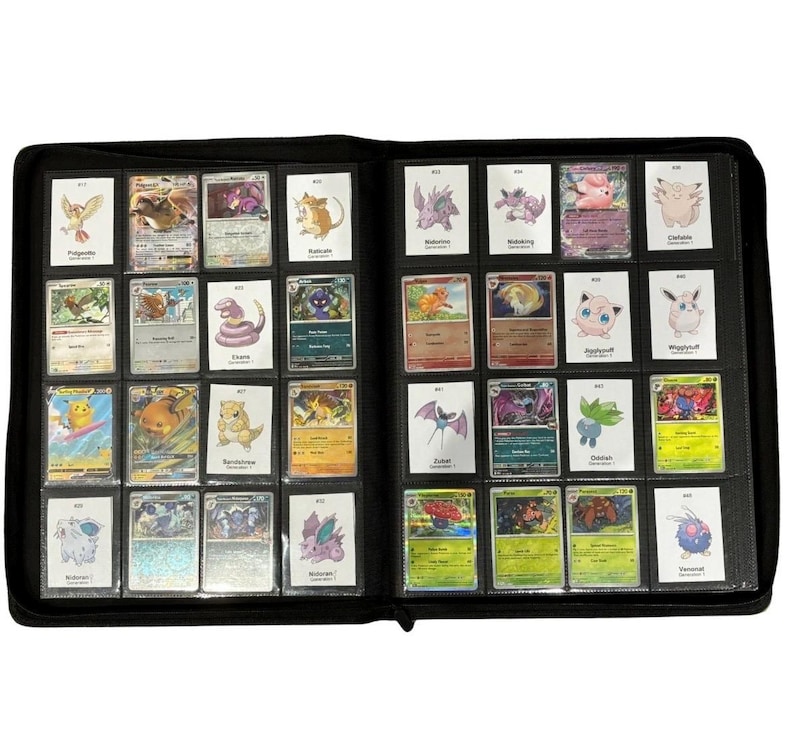 May include: A black binder filled with various Pok&eacute;mon trading cards. The cards are in protective sleeves and arranged in rows. The cards feature colorful illustrations of Pok&eacute;mon characters, with text and numbers visible on each card.