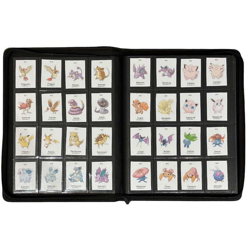 May include: A black binder filled with Pok&eacute;mon trading cards. The cards are in clear plastic sleeves and feature various colorful Pok&eacute;mon characters. The binder is open, displaying multiple rows of cards with different illustrations and names.
