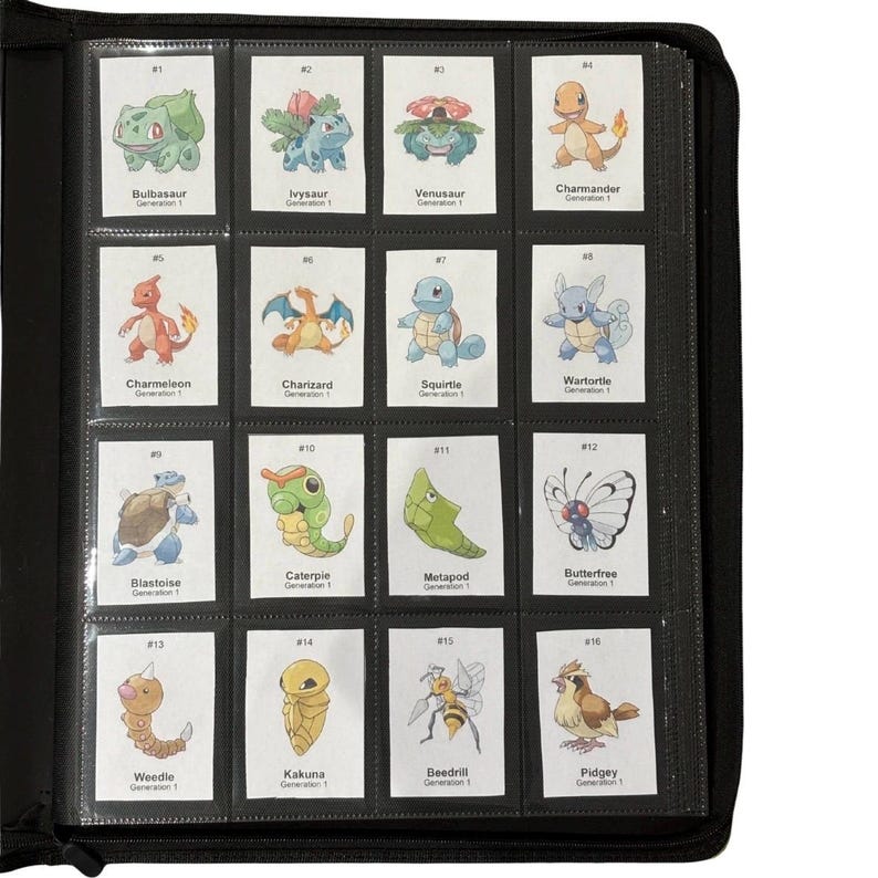 May include: A black binder filled with trading cards featuring various colorful cartoon characters. Each card is labeled with a number and character name, such as Bulbasaur, Ivysaur, and Charmander. The cards are in clear plastic sleeves.