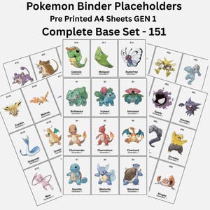May include: Pre-printed A4 sheets for Pokemon binder placeholders. The set includes 151 cards featuring various Pokemon characters from Generation 1, such as Bulbasaur, Charmander, and Squirtle. Each card has the Pokemon's name and number.