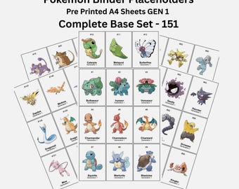 Pokemon Binder Placeholders - Complete GEN 1 - 151 - Pre Printed A4 Paper Pages