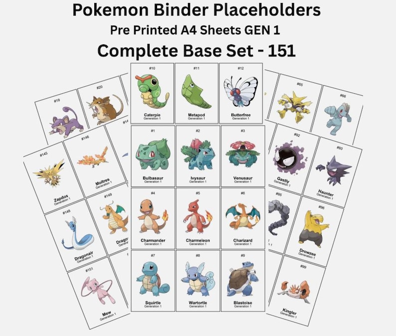 May include: Pre-printed A4 sheets for Pokemon binder placeholders. The set includes 151 cards featuring various Pokemon characters from Generation 1, such as Bulbasaur, Charmander, and Squirtle. Each card has the Pokemon's name and number.