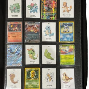 May include: A black binder filled with sixteen Pok&eacute;mon trading cards. The cards feature various Pok&eacute;mon characters like Bulbasaur, Ivysaur, Charmander, and Squirtle. Each card is in a protective sleeve, and the binder is closed.