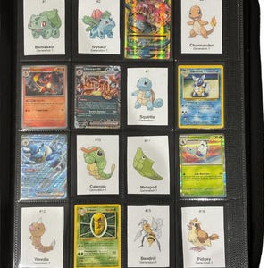 May include: A black binder filled with Pok&eacute;mon trading cards. The cards feature various characters like Bulbasaur, Ivysaur, Charmander, Squirtle, and others. Each card is in a protective sleeve, and the binder is closed.