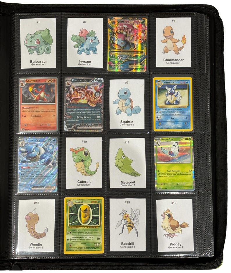 May include: A black binder filled with Pok&eacute;mon trading cards. The cards feature various characters like Bulbasaur, Ivysaur, Charmander, Squirtle, and others. Each card is in a protective sleeve, and the binder is closed.