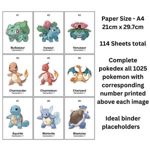 May include: A set of nine illustrated Pok&eacute;mon cards featuring Bulbasaur, Ivysaur, Venusaur, Charmander, Charmeleon, Charizard, Squirtle, Wartortle, and Blastoise. The cards are A4 size, 8.3 x 11.7 inches, with 114 sheets total. Text includes "Complete pokedex all 1025 pokemon".