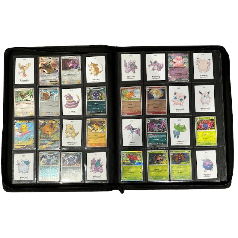 May include: A black binder filled with various Pok&eacute;mon trading cards. The cards are in protective sleeves and organized in rows. The cards feature colorful illustrations of Pok&eacute;mon characters, with text and symbols.