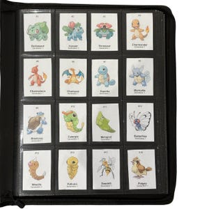 May include: A black binder filled with trading card pages. Each page displays a grid of Pok&eacute;mon cards, featuring various characters like Bulbasaur, Charmander, and Squirtle. The cards have character names and Generation 1 details.