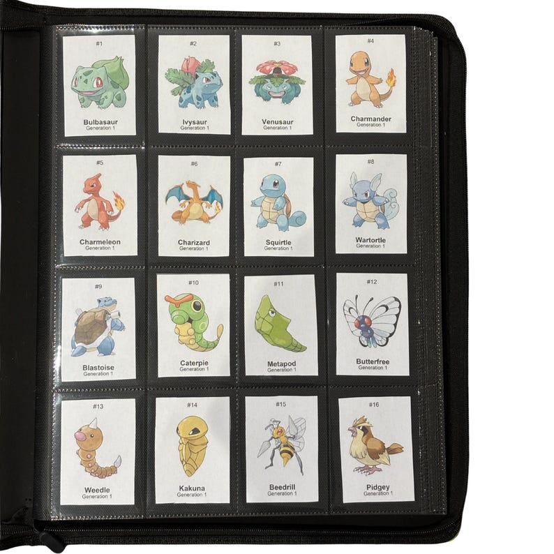 May include: A black binder filled with trading card pages. Each page displays a grid of Pok&eacute;mon cards, featuring various characters like Bulbasaur, Charmander, and Squirtle. The cards have character names and Generation 1 details.