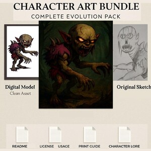 Pu&ograve; includere: Pacchetto di arte dei personaggi con un modello digitale, uno schizzo originale e un pacchetto di evoluzione completo. Il modello digitale &egrave; un'asset pulito di una creatura simile a un goblin con dettagli rossi. Il testo include: CHARACTER ART BUNDLE, COMPLETE EVOLUTION PACK.