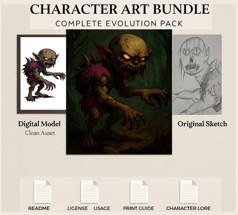 Pu&ograve; includere: Pacchetto di arte dei personaggi con un modello digitale, uno schizzo originale e un pacchetto di evoluzione completo. Il modello digitale &egrave; un'asset pulito di una creatura simile a un goblin con dettagli rossi. Il testo include: CHARACTER ART BUNDLE, COMPLETE EVOLUTION PACK.