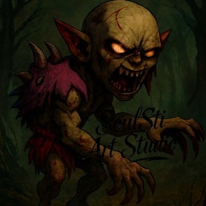 Pu&ograve; includere: Opera d'arte digitale di una minacciosa creatura goblin con occhi arancioni incandescenti e denti affilati. Il goblin ha una testa calva con una cicatrice, orecchie rosse e un pezzo di spalla rosa strappato. L'opera &egrave; ambientata su uno sfondo scuro.