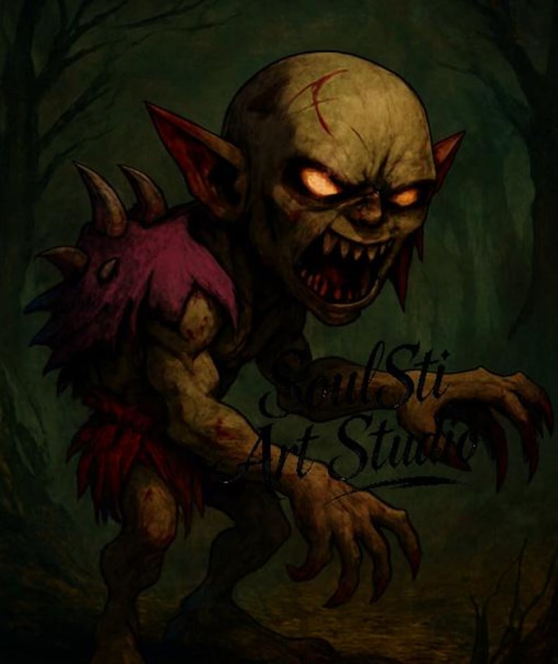 Pu&ograve; includere: Opera d'arte digitale di una minacciosa creatura goblin con occhi arancioni incandescenti e denti affilati. Il goblin ha una testa calva con una cicatrice, orecchie rosse e un pezzo di spalla rosa strappato. L'opera &egrave; ambientata su uno sfondo scuro.