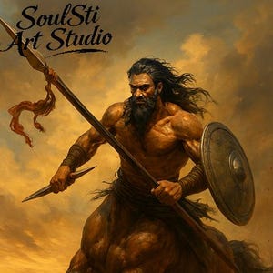 Könnte beinhalten: Digitales Kunstwerk eines muskulösen Zentaur-Kriegers mit Speer und Schild. Der Krieger hat lange dunkle Haare und einen Bart. Der Hintergrund ist ein warmer, wolkiger Himmel. Der Text "SoulSti Art Studio" befindet sich in der oberen linken Ecke.