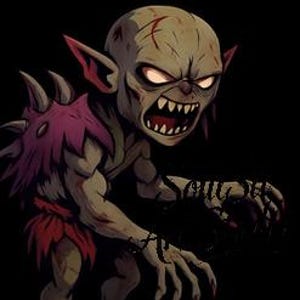 Pu&ograve; includere: Un'illustrazione digitale di una creatura simile a uno zombi con occhi luminosi, denti affilati e orecchie a punta. La creatura ha un incarnato pallido, con segni rossi e un pezzo di spalla viola e lacerato. Le sue mani sono tese e lo sfondo &egrave; nero.