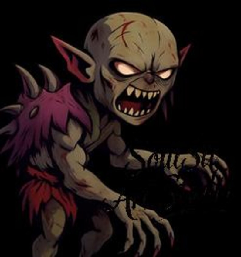 Pu&ograve; includere: Un'illustrazione digitale di una creatura simile a uno zombi con occhi luminosi, denti affilati e orecchie a punta. La creatura ha un incarnato pallido, con segni rossi e un pezzo di spalla viola e lacerato. Le sue mani sono tese e lo sfondo &egrave; nero.