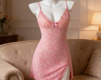 Pink Leopard Print Lace Chemise Nightgown - V-Neck Bow Detail Sleep Dress，Customize personal tags or names