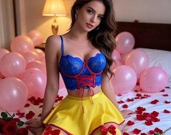 Customized labels,Snow White Lingerie Costume, Blue Yellow Fairytale Lingerie, Princess Halloween Outfit, Valentine's Lingerie for Women