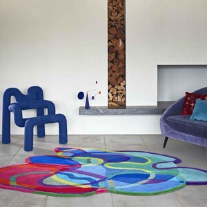 Hand Tufted 100% Wool Irregular Abstract Art Area Rug with Layered Translucent Organic Forms Fuchsia, Teal, Cobalt and Yellow Designer Rug