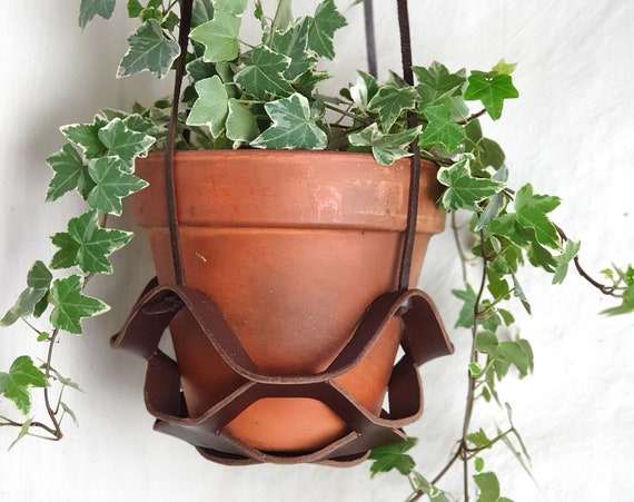 Brown leather plant hanger, indoor plant hanger