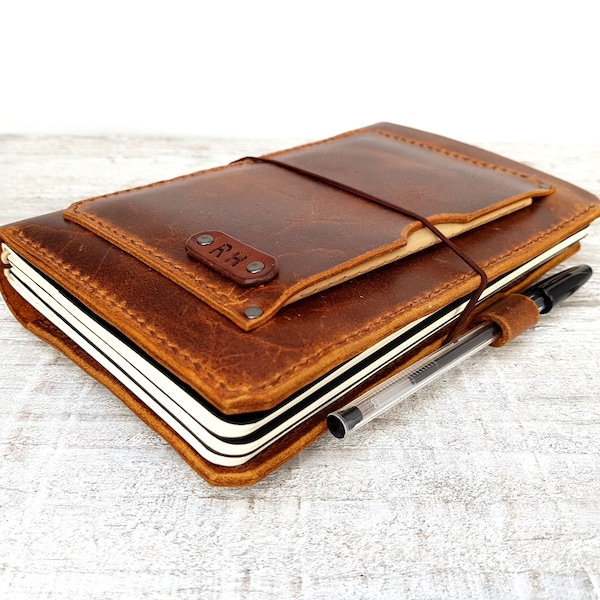 Leder Midori Cover mit Taschen, handgenähtes Travelers Notebook, Leder Fauxdori, Moleskine Cahier Cover, A5 Cover, Personalisierung